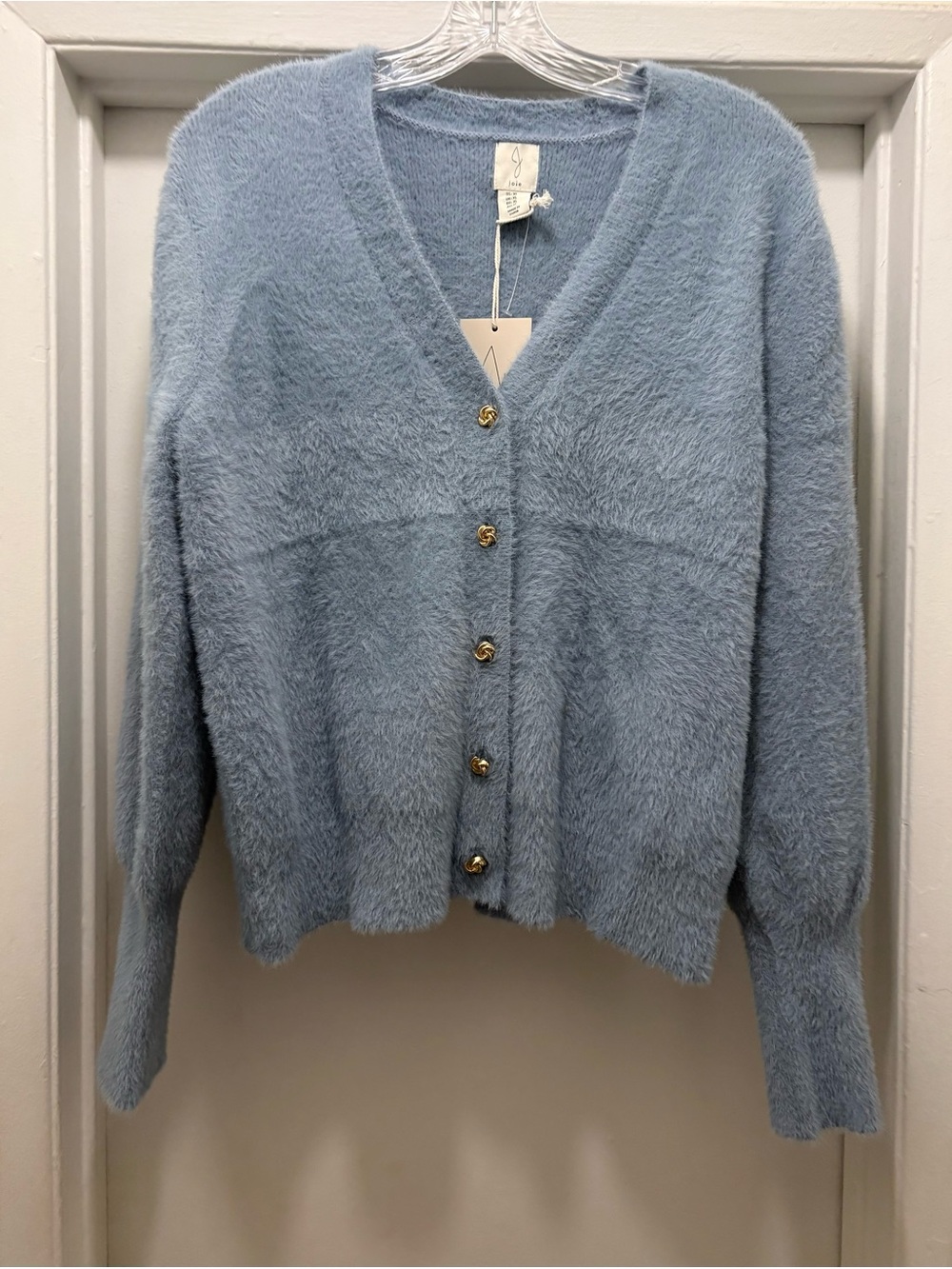 NWT Joie Fuzzy V-Neck Cardigan Sweater Blue Gold Buttons Women’s Size XL - Picture 2 of 10